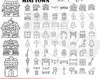 Lot Mini ville en pain d'épice SVG, dessin au trait Ville de Noël, cacao, café, ponts, lanternes et éléments décoratifs, joli village de vacances