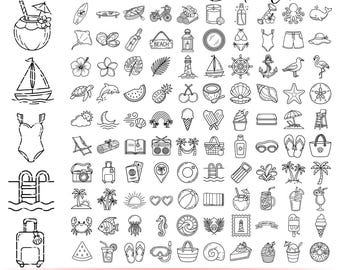 May include: Black and white line art summer icons bundle. Includes images of a sailboat, swimsuit, ice cream, beach, and other summer-themed objects. The text at the bottom reads "SVG - PNG - AI - EPS - PDF 100 designs."