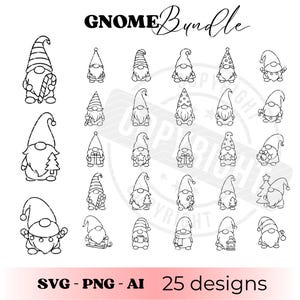 May include: A set of 25 black and white gnome illustrations, each with a different hat and pose, some holding gifts or festive items. The text reads "Gnome Bundle" and "SVG - PNG - AI 25 designs".