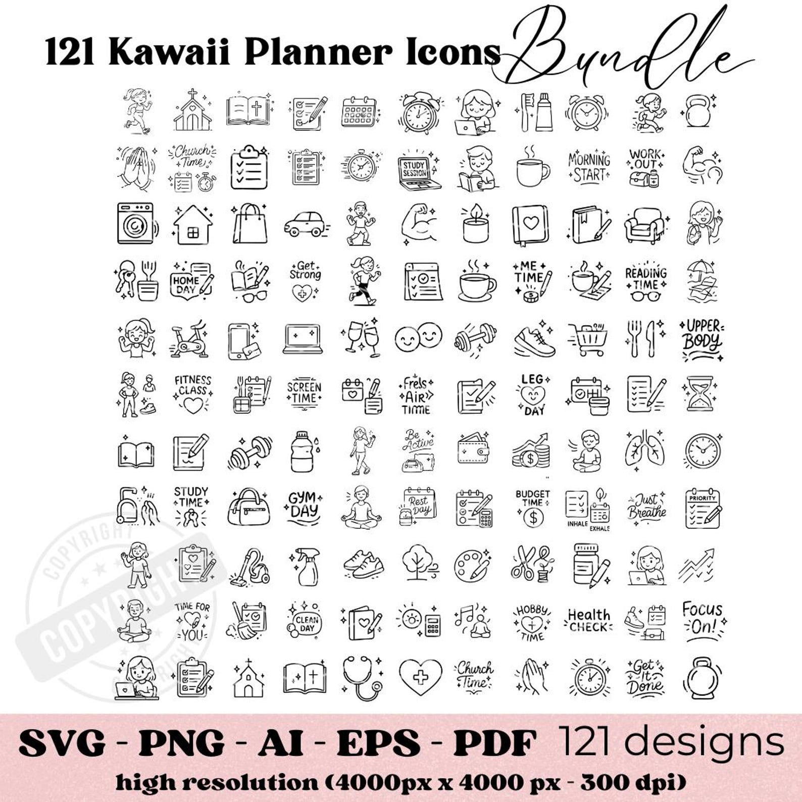 121 Planner Icons SVG Bundle, Kawaii Minimal Clipart, Cricut Files ...