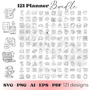 Könnte beinhalten: Schwarz-weiße Illustrationen von 121 Planer-Designs, darunter Icons für Fitness, Studium und tägliche Aktivitäten. Der Text "121 Planner Bundle" steht oben, mit Dateityp-Informationen unten. Designs in SVG, PNG, AI, EPS und PDF Formaten.