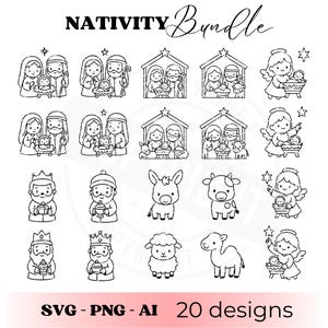 May include: Black and white Nativity Bundle illustrations. The image features 20 designs, including depictions of Mary, Joseph, baby Jesus, angels, the Three Wise Men, and various animals. The text "SVG - PNG - AI 20 designs" is at the bottom.