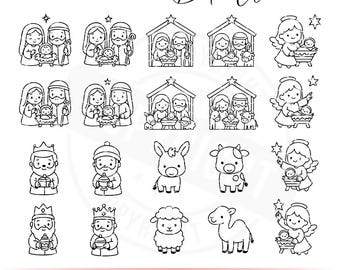 May include: Black and white Nativity Bundle illustrations. The image features 20 designs, including depictions of Mary, Joseph, baby Jesus, angels, the Three Wise Men, and various animals. The text "SVG - PNG - AI 20 designs" is at the bottom.