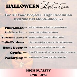 May include: A digital illustration for Halloween projects. The image includes text that reads "HALLOWEEN Illustration" and lists various applications such as printables, sublimation, stickers, digital products, home decor, crafts, and packaging. The image is high quality, PNG and JPG.