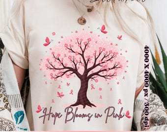 Hope Breast Cancer PNG – Pink Ribbon Sublimation Design, Breast Cancer Awareness Shirt Digital Download, cherry blossom tree png