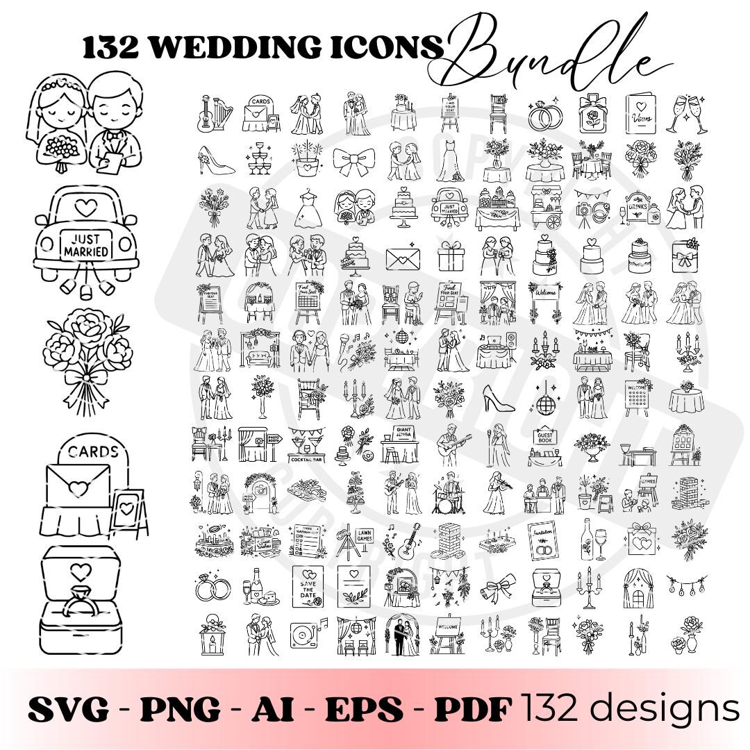Wedding Icons SVG Bundle | Elegant Adult Line Art | Bride & Groom ...