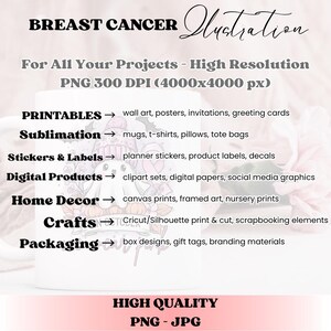 May include: White mug with the text "BREAST CANCER Illustration" and a list of printable products, including wall art, stickers, and digital products. The image is high resolution, PNG format.