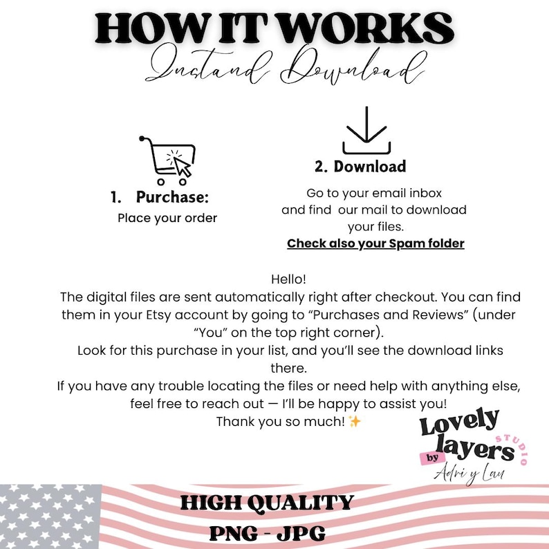 Puede incluir: Un gr&aacute;fico blanco con el texto "HOW IT WORKS" e "Instant Download". Las instrucciones incluyen la compra, la descarga y la comprobaci&oacute;n de spam. La parte inferior del gr&aacute;fico dice "HIGH QUALITY PNG - JPG".