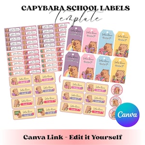 Funny Capybara School Labels, Cute Capybara Stickers, Editable Name Tags, Back to School Supplies, labels school, school book labels
