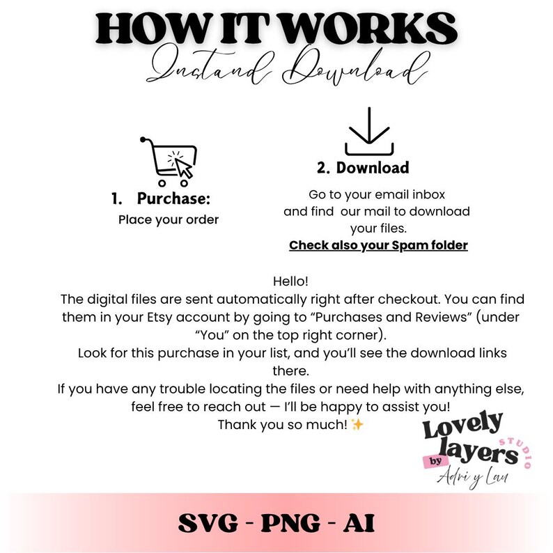May include: White and pink graphic with the text "HOW IT WORKS" and "Instant Download." Instructions include purchasing, downloading, and checking spam. The bottom of the graphic says "SVG - PNG - AI."