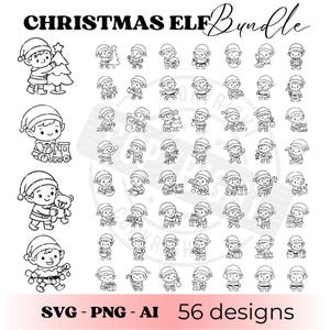 Puede incluir: Diseño de paquete de elfos navideños en blanco y negro con 56 diseños. La imagen presenta varias ilustraciones de elfos sosteniendo regalos, juguetes y árboles de Navidad. El texto "CHRISTMAS ELF Bundle" está en la parte superior y "SVG - PNG - AI 56 designs" en la parte inferior.
