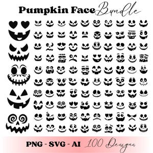 以下が含まれることがあります： PNG、SVG、AI形式の100種類の黒いカボチャの顔のデザインのセット。様々な表情のデザインで、ハロウィンのクラフトや装飾に最適です。