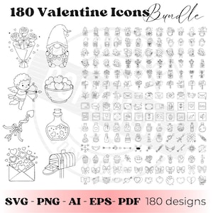 Puede incluir: Conjunto de 180 iconos de San Valentín en blanco y negro. Incluye imágenes de rosas, gnomos, cupidos, corazones, buzones y botellas de pociones. El texto en la parte superior dice "180 Valentine Icons Bundle". El texto inferior dice "SVG - PNG - AI - EPS- PDF 180 designs".