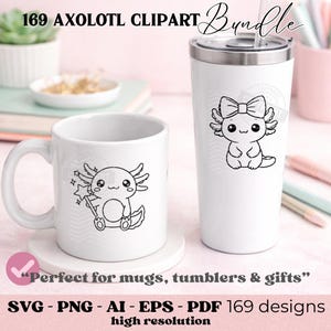 Peut inclure: Mug et gobelet en c&eacute;ramique blancs avec un motif d'axolotl noir et blanc. La tasse a une anse et le gobelet a un couvercle argent&eacute;. L'image comprend le texte "169 AXOLOTL CLIPART Bundle".