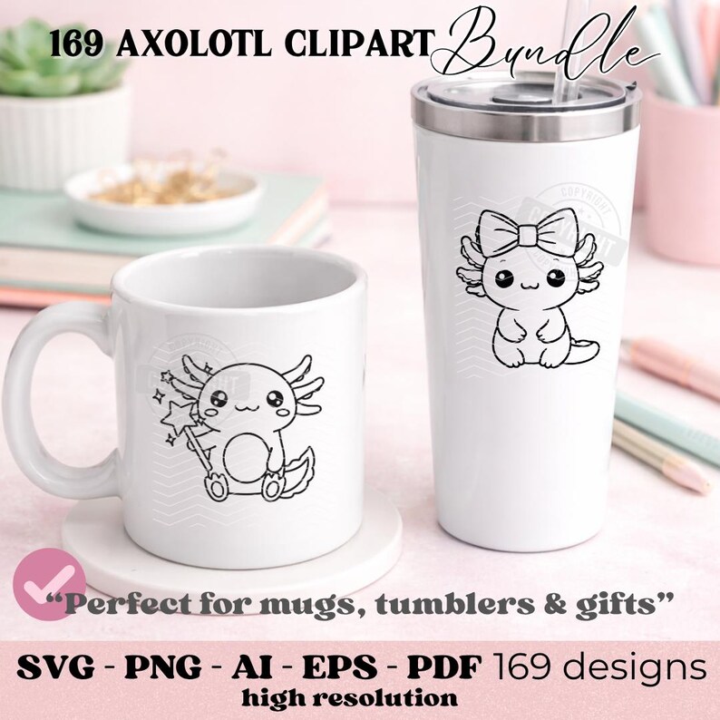 Peut inclure: Mug et gobelet en c&eacute;ramique blancs avec un motif d'axolotl noir et blanc. La tasse a une anse et le gobelet a un couvercle argent&eacute;. L'image comprend le texte "169 AXOLOTL CLIPART Bundle".