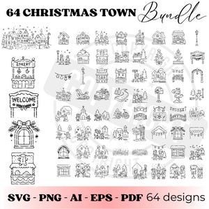 以下が含まれることがあります： 白黒の線画で描かれた、64種類のクリスマス・タウンのデザインのバンドル。家、お店、人々、お祝いの飾りなどのイラストが含まれています。「64 Christmas Town Bundle」とファイルの種類に関する情報が含まれています。
