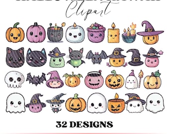 Cute Halloween Stickers, Printable Kawaii Halloween Clipart, clipart kawaii, halloween kawaii, Ghost and Pumpkin