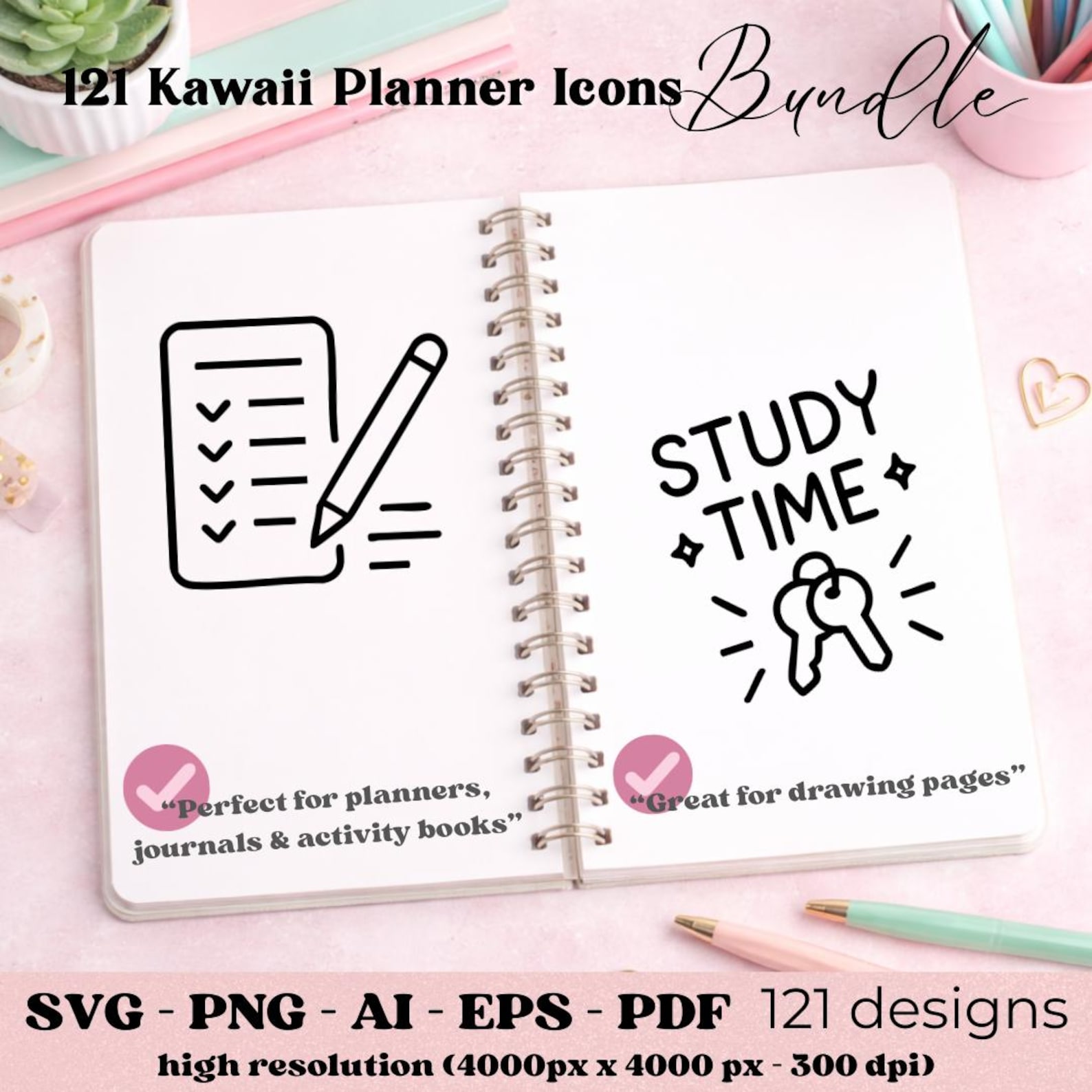 121 Planner Icons SVG Bundle, Kawaii Minimal Clipart, Cricut Files ...