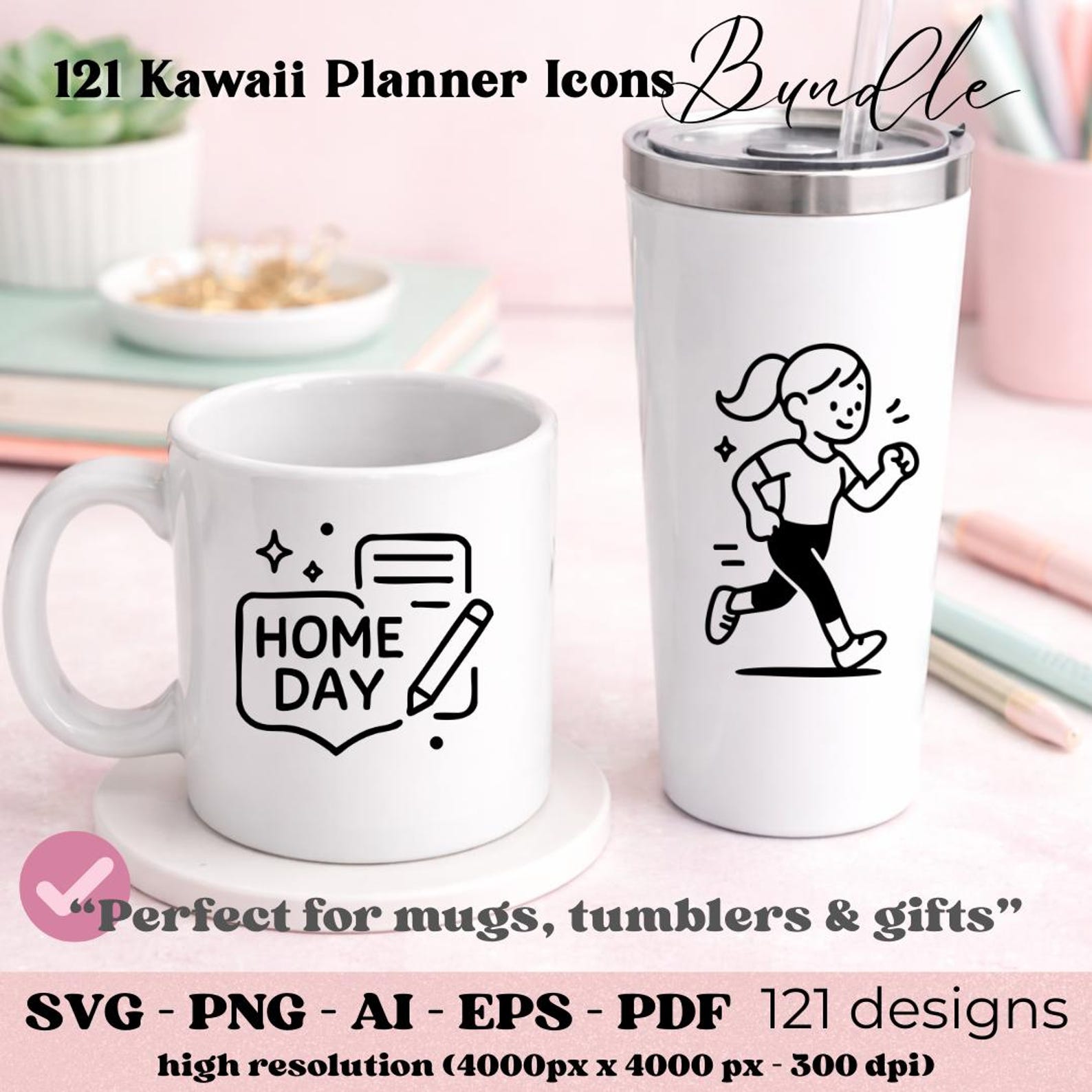 121 Planner Icons SVG Bundle, Kawaii Minimal Clipart, Cricut Files ...