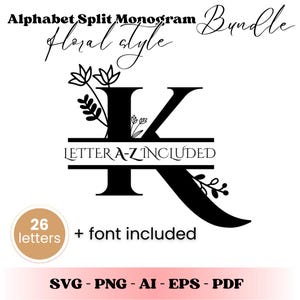 Pode incluir: Monograma dividido preto com a letra "K" e detalhes florais. O design inclui o texto "LETTER A-Z INCLUDED", "26 letras + fonte incluída" e opções de tipo de arquivo: SVG, PNG, AI, EPS e PDF.