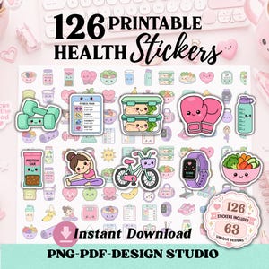 Pode incluir: Um conjunto de 126 autocolantes de saúde imprimíveis com 63 designs únicos. Os autocolantes apresentam várias ilustrações relacionadas com a saúde e o fitness, incluindo halteres, um plano de fitness, caixas de almoço, luvas de boxe, uma barra de proteínas, uma bicicleta e um smartwatch. O texto "126 Printable Health Stickers" está no topo.
