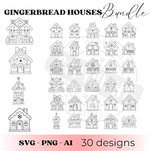 Può includere: Una collezione di 30 disegni di case di pan di zenzero in bianco e nero. Ogni casa presenta dettagli unici come cuori, fiocchi, stelle ed elementi decorativi. Il testo "GINGERBREAD HOUSES Bundle" è in alto, con "SVG - PNG - AI 30 designs" in basso.