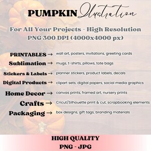 May include: A digital graphic with the text "PUMPKIN Illustration" and details for printables, sublimation, stickers, digital products, home decor, crafts, and packaging. The image is high quality, PNG and JPG format.