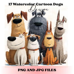 17 Watercolor Cartoon Dog Clipart, funny dogs clipart, crazy dogs clipart, Cartoon Frazzled Puppy, quirky dog clipart, Digital Download Kit