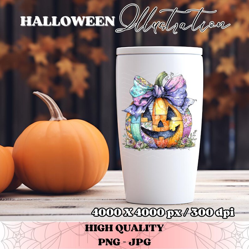 May include: White travel mug featuring a watercolor illustration of a smiling jack-o'-lantern with a colorful bow. The word "Halloween" is at the top. An orange pumpkin sits next to the mug. The image is labeled "High Quality PNG - JPG".