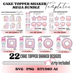 22 Cake Topper Shaker Templates, Layered SVG Designs, Scalloped Frames, Rainbow Arch Topper