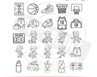 May include: Black and white line art bundle of 25 basketball elements. Includes basketball court, ball, sneakers, hoops, jerseys, players, scoreboards, and more. Text reads "25 BASKETBALL ELEMENTS Bundle" and "SVG - PNG - AI - JPG - EPS 25 designs."