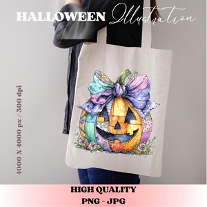 May include: A beige tote bag featuring a colorful watercolor illustration of a jack-o'-lantern with a large bow. The pumpkin has a smiling face and is surrounded by flowers. Text on the bag reads "HALLOWEEN Illustration".