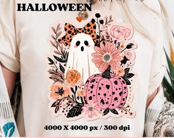 Preppy Halloween Ghost PNG – Pastel Spooky Season Sublimation, Cute Pink Pumpkin Clipart, Boho Girly Halloween Digital Download