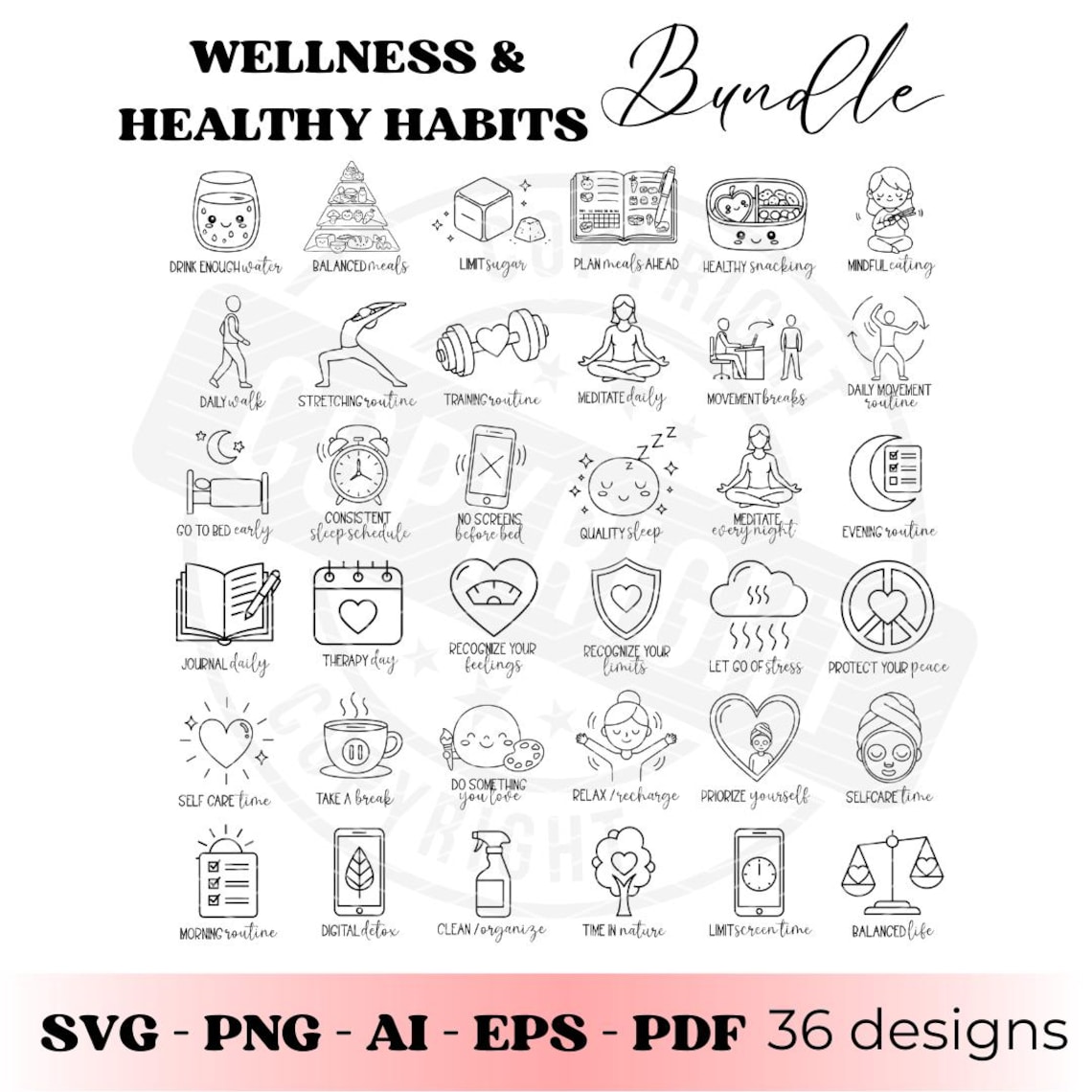 Wellness SVG Bundle, Healthy Habits Icons, Self Care SVG, Mental Health ...