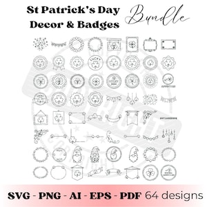 Puede incluir: Paquete de diseño digital en blanco y negro con temática del Día de San Patricio. Incluye varias insignias, marcos, pancartas e ilustraciones de gnomos. El texto incluye "St Patrick's Day Decor & Badges" y "Bundle". Formatos: SVG, PNG, AI, EPS, PDF.