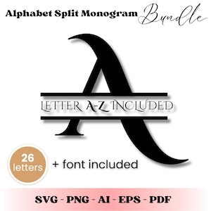 Puede incluir: Diseño de monograma dividido negro con la letra "A" y el texto "LETTER A-Z INCLUDED". La imagen incluye el texto "Alphabet Split Monogram Bundle", "26 letras + fuente incluida" y opciones de tipo de archivo: SVG, PNG, AI, EPS y PDF.