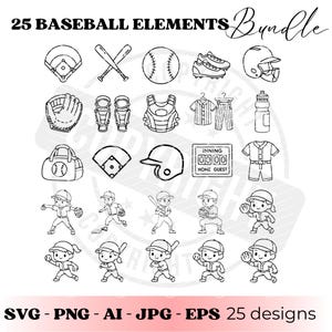Può includere: Illustrazioni in bianco e nero di attrezzature e giocatori di baseball. Include un casco da baseball, mazze incrociate, una palla da baseball, tacchetti, una maschera da ricevitore, un guanto e altro. Il testo recita "25 BASEBALL ELEMENTS Bundle" e "SVG - PNG - AI - JPG - EPS 25 designs."