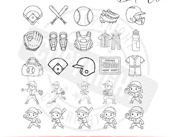 May include: Black and white line art illustrations of baseball equipment and players. Includes a baseball helmet, crossed bats, a baseball, cleats, a catcher's mask, a glove, and more. Text reads "25 BASEBALL ELEMENTS Bundle" and "SVG - PNG - AI - JPG - EPS 25 designs."