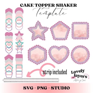 Puede incluir: Una plantilla digital para adornos de pastel con agitadores. El diseño incluye varias formas como estrellas, corazones y hexágonos, con acentos rosas y morados. También se ve el texto "strip included" y "SVG - PNG - STUDIO".