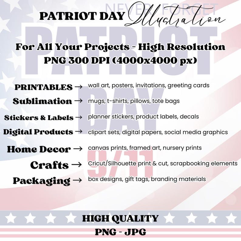 Puede incluir: Ilustraci&oacute;n patri&oacute;tica con el texto "Patriot Day Illustration". La imagen est&aacute; dise&ntilde;ada para varios proyectos, ofreciendo archivos PNG de alta resoluci&oacute;n a 300 DPI (4000x4000 px). Enumera aplicaciones como imprimibles, sublimaci&oacute;n, pegatinas y productos digitales.