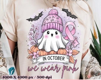 In October We Wear Pink Ghost PNG – Breast Cancer Awareness Halloween Sublimation Design, Pink Ribbon Shirt Digital Download Gift