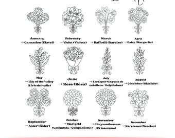 May include: Black and white illustration of 12 birth month flower bouquets. Each bouquet is labeled with the month and flower name, such as January - Carnation, and June - Rose. The image also includes file type options.