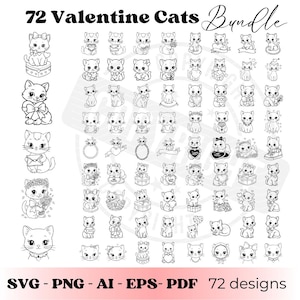 Może przedstawiać: Kolekcja 72 czarno-białych wzorów kotów na Walentynki. Koty są przedstawione w różnych pozach, niektóre trzymają serca, kwiaty lub prezenty. Tekst "72 Valentine Cats Bundle" znajduje się na górze, z "SVG - PNG - AI - EPS- PDF 72 designs" na dole.