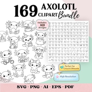 Puede incluir: Un paquete de imágenes prediseñadas digitales con 169 diseños de ajolotes en blanco y negro. La imagen incluye varios ajolotes en diferentes poses y con accesorios. El texto incluye "169 Axolotl Clipart Bundle", "Perfect for Cricut & Silhouette" y "High Resolution". Formatos: SVG, PNG, AI, EPS, PDF.