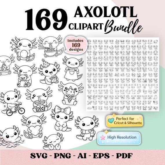 Axolotl SVG Bundle 169 Designs | Kawaii Axolotl Clipart SVG | Cute Axolotl Files