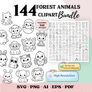 144 kawaii bosdieren clipartbundel, bosrijke SVG png-bestanden