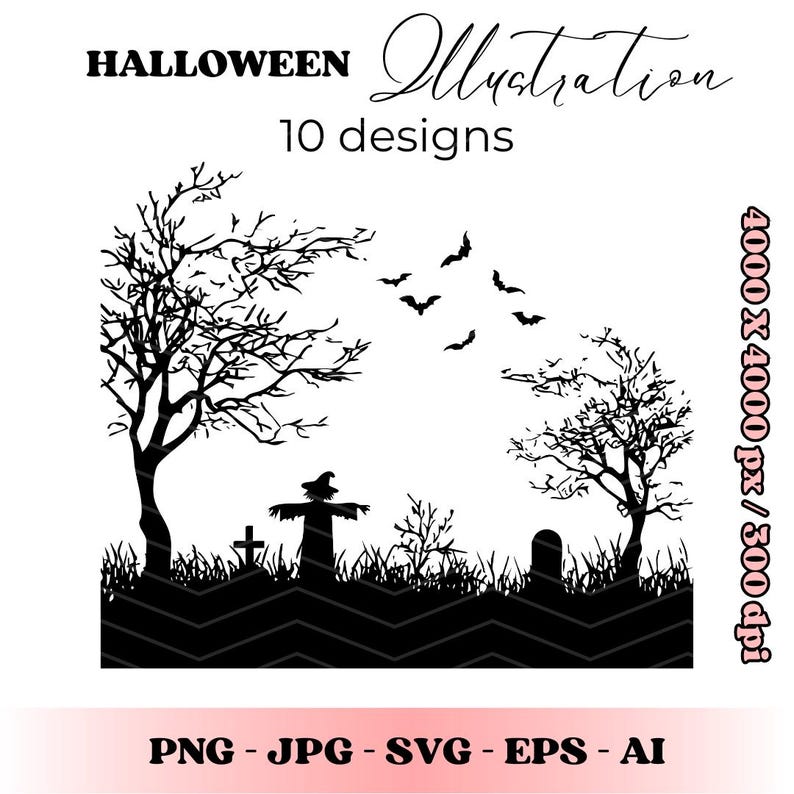 Halloween Graveyard SVG PNG Bundle | Spooky Cemetery Silhouette Clipart ...