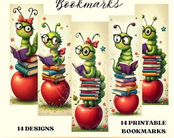 14 Whimsical Bookworms Printable Bookmarks – 14 JPG Sheets, Quirky Fussy Cut Bookmarks for Kids Crafts, Digital Download PNG Sublimation