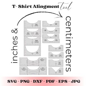 Può includere: Uno strumento di allineamento per t-shirt bianco con misure in pollici e centimetri. Lo strumento include guide per taglie adulto, giovani e neonati, oltre a t-shirt con tasche e scollo a V. Il testo include "T-Shirt Alignment Tool".
