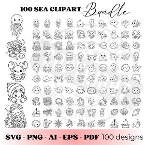 Peut inclure: Ensemble de cliparts marins en noir et blanc avec 100 motifs. Comprend des illustrations de méduses, de sirènes, de crabes, de poissons et d'autres créatures marines. Le texte en haut indique "100 SEA CLIPART Bundle". Le texte en bas indique "SVG - PNG - AI - EPS - PDF 100 designs".